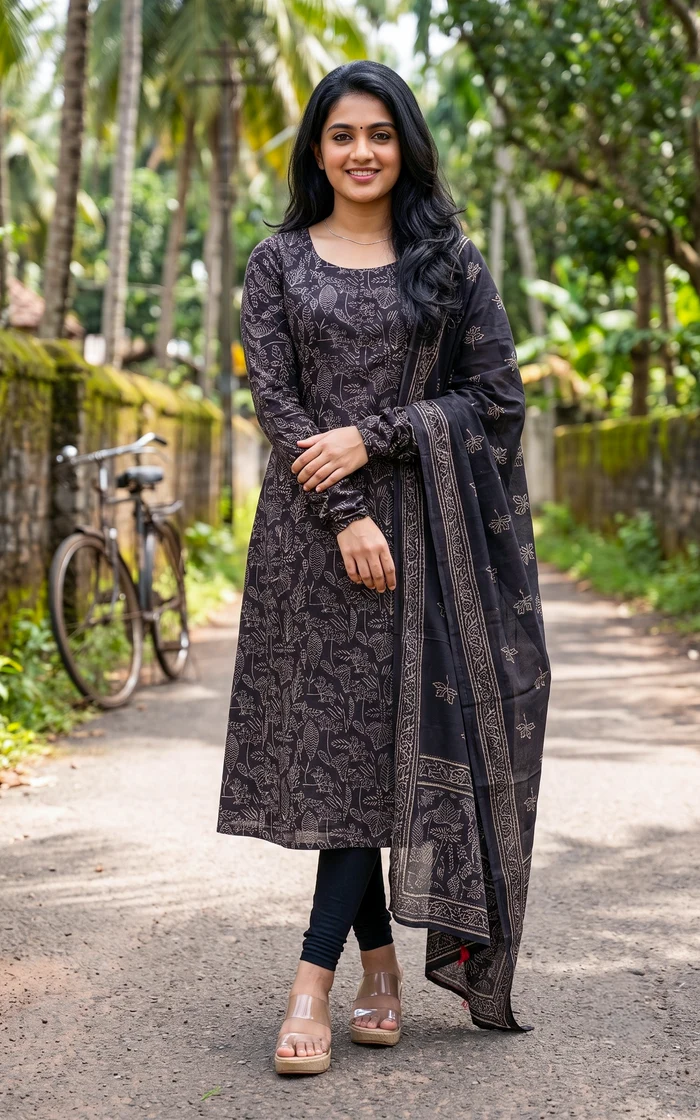 Black Leaf Printed Cotton Straight Salwar set